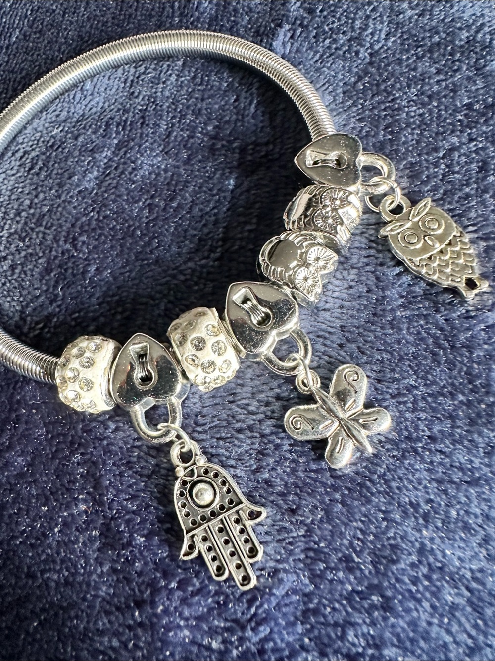 Silver Charm Bracelet with Hamsa, Owl & Butterfly Charms